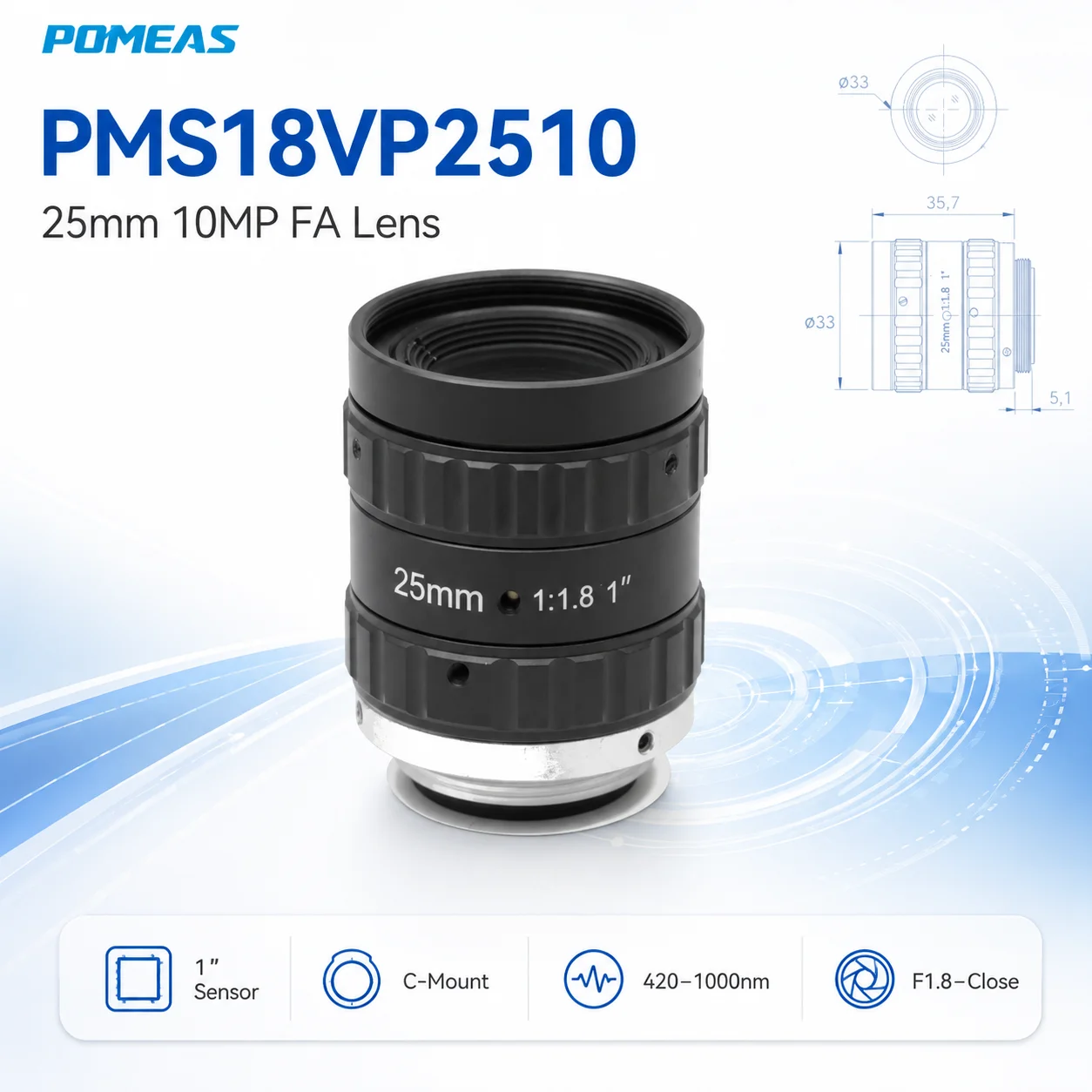 1 Inch 25mm Focal Length C-Mount 10MP Industrial Camera Lens