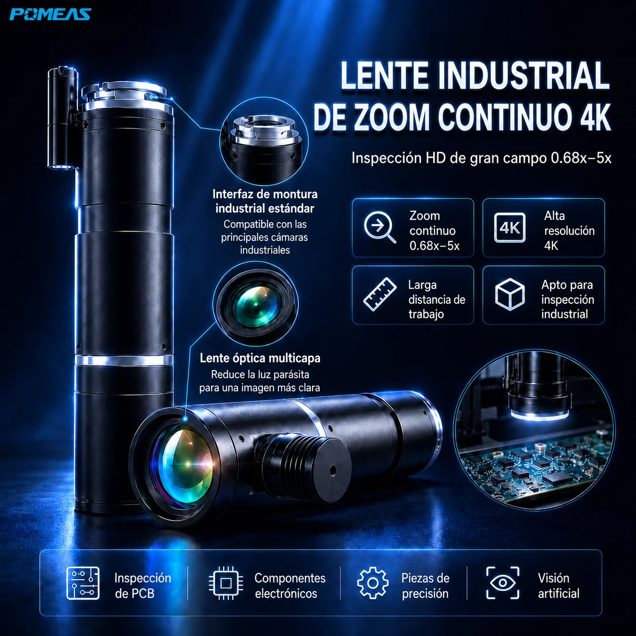 Lente zoom industrial 4K motorizado con iluminación coaxial