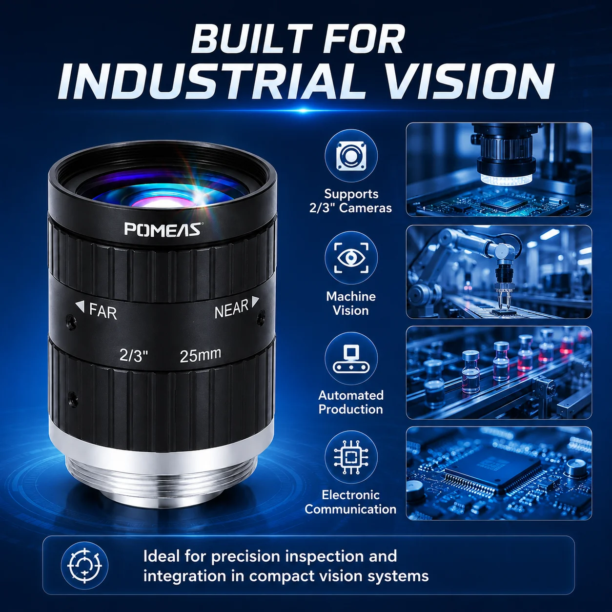Pomeas 25mm C-Mount Machine Vision Lens for 2/3" 10MP Cameras