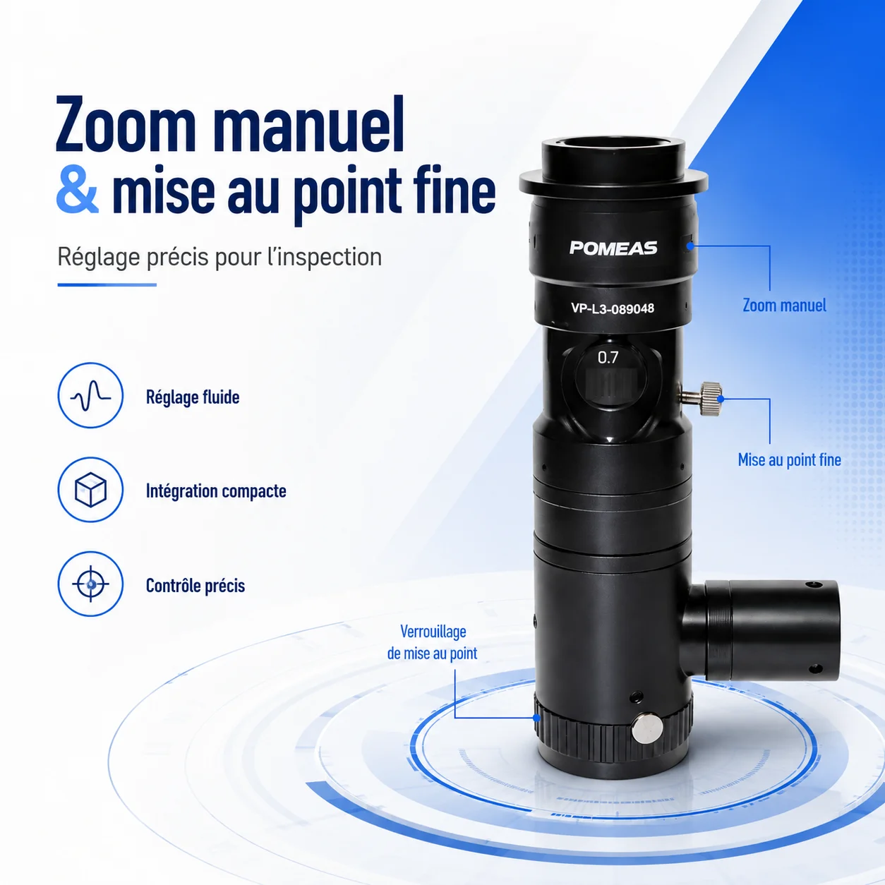 Objectif zoom 6,5× coaxial C-Mount avec mise au point fine 3 mm