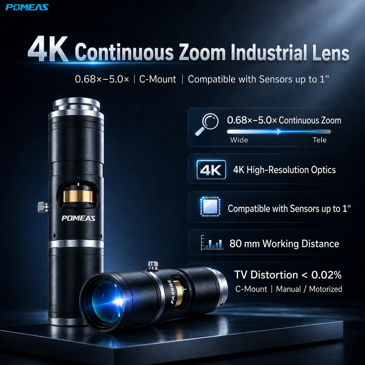 4K Continuous Zoom Lens 0.68x-5.0x for 1" Sensor | Pomeas