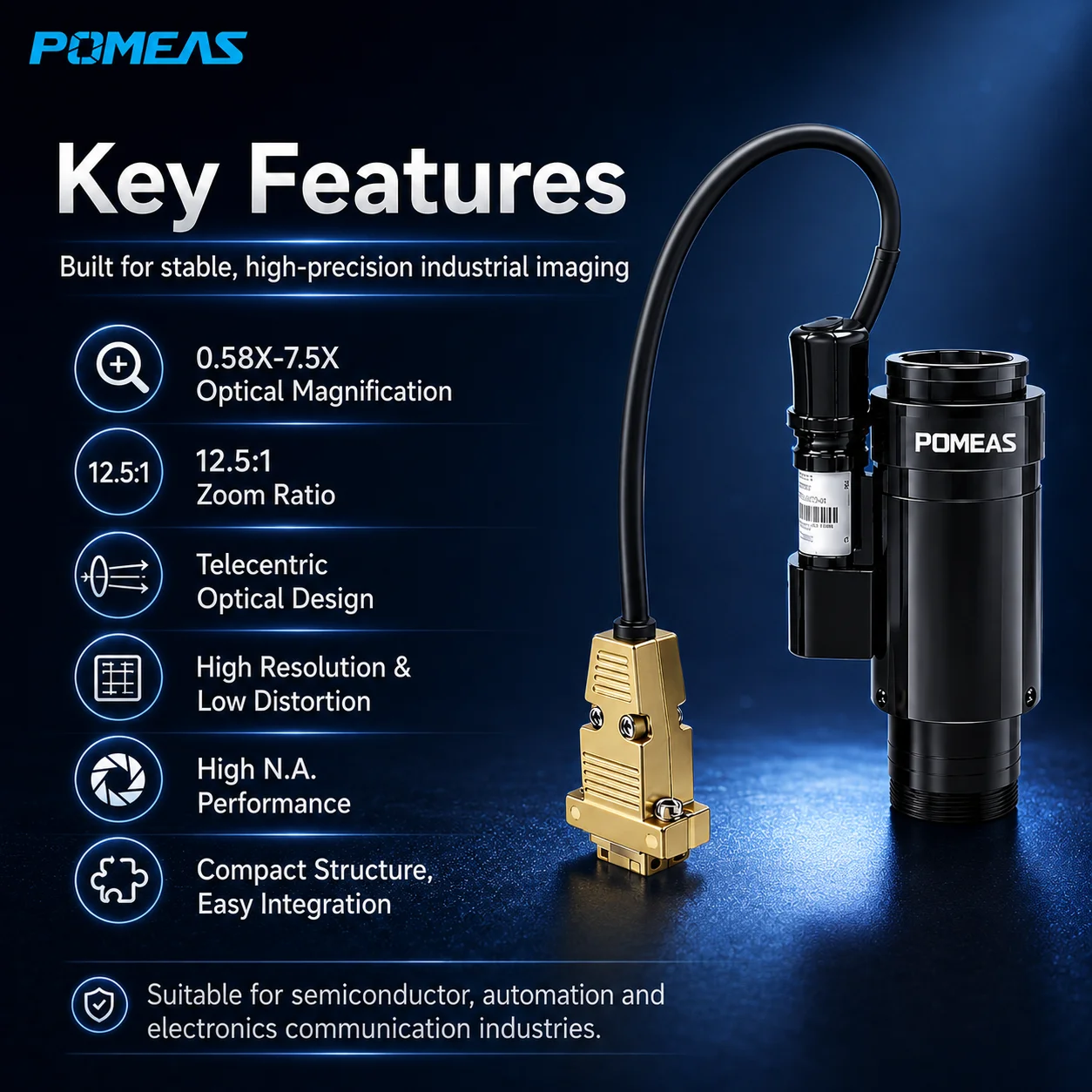Pomeas Motorized 12.5X Zoom Lens for Automated Inspection