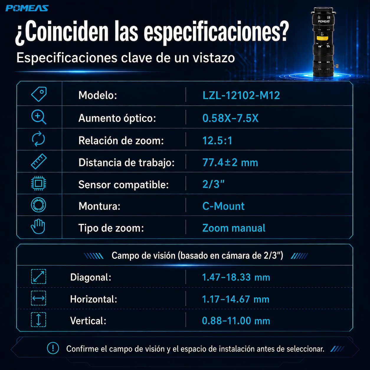 Lente zoom 12,5X con ajuste fino para inspección de precisión