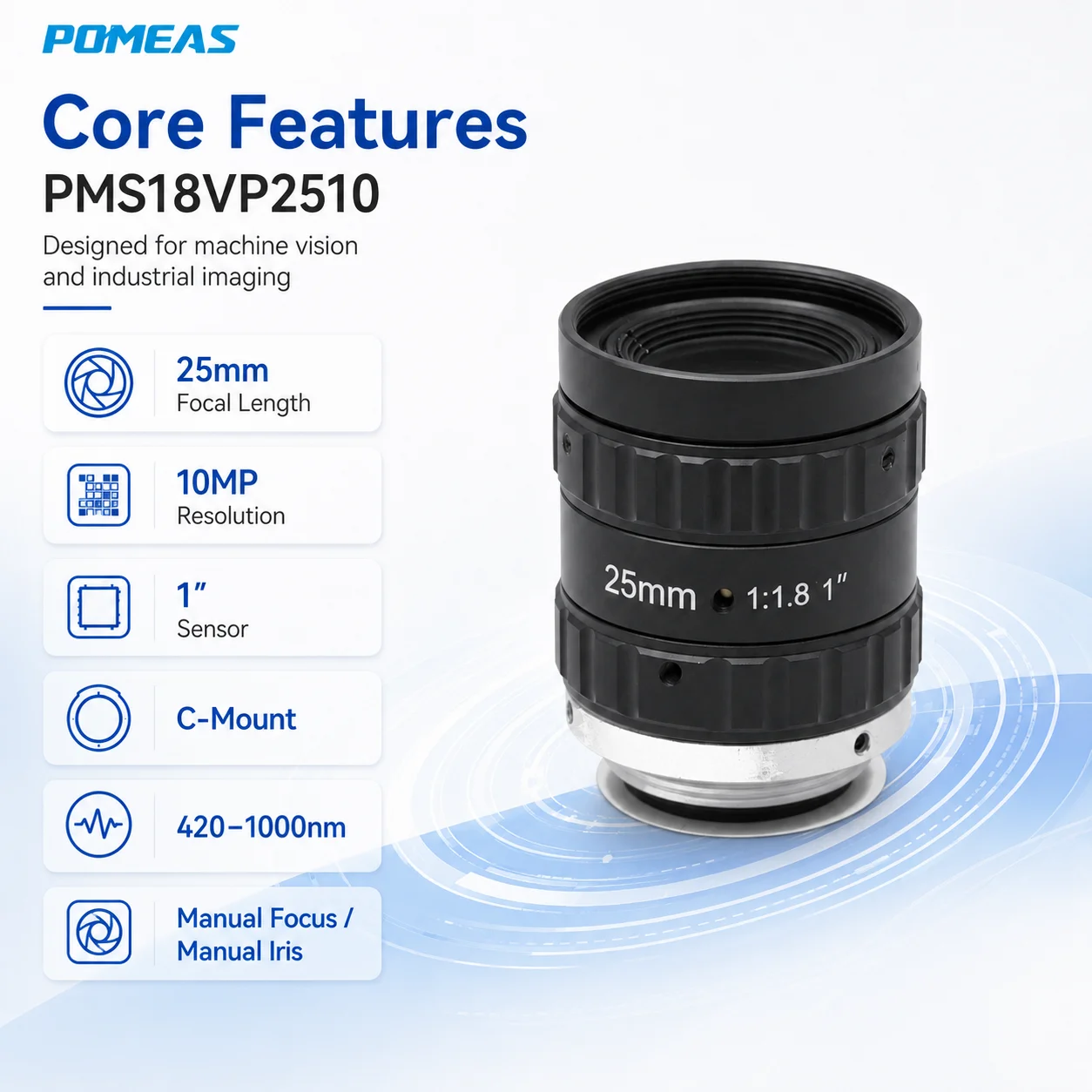 1 Inch 25mm Focal Length C-Mount 10MP Industrial Camera Lens