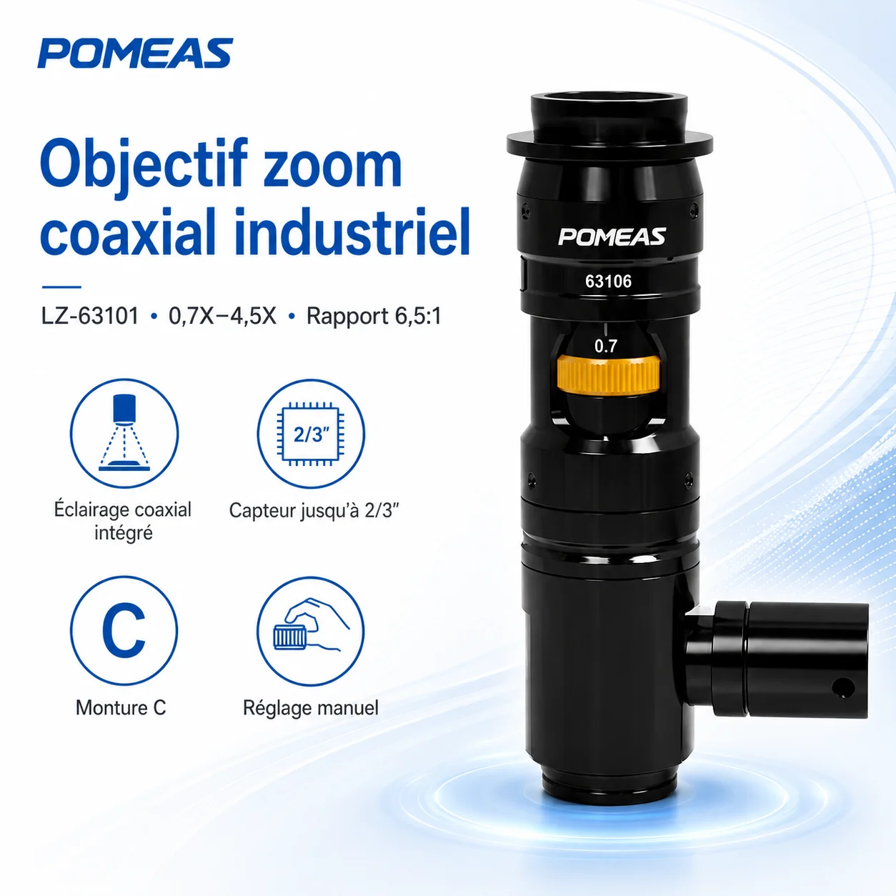 Objectif zoom pour microscope industriel avec éclairage coaxial