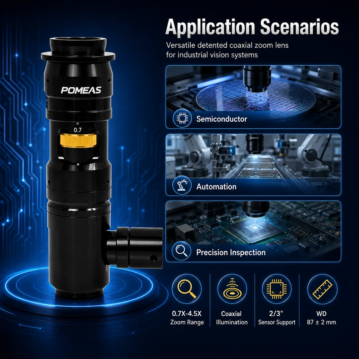Machine Vision Microscope Lens: 0.7X–4.5X Manual Zoom