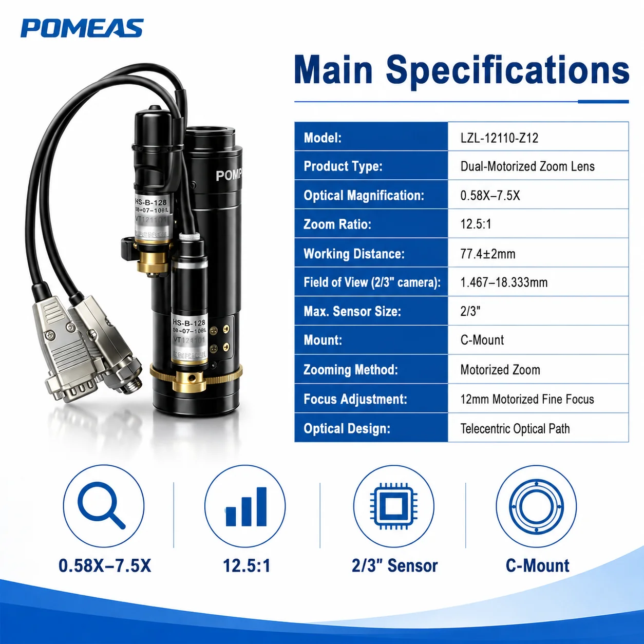 Pomeas PMS-LZL-12110-Z12 Dual Motor 12.5X C-Mount Zoom Lens