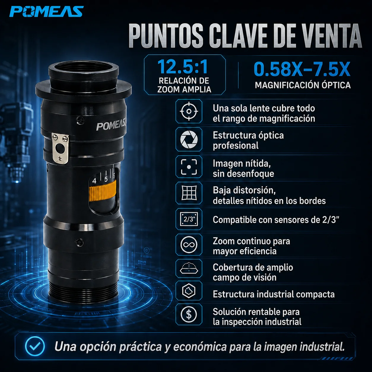 Lente zoom industrial 0,58×–7,5× con 15 posiciones mecánicas