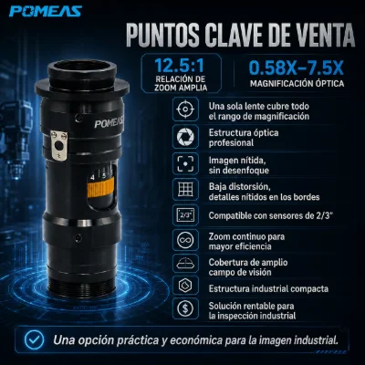 Lente zoom industrial 0,58×–7,5× con 15 posiciones mecánicas