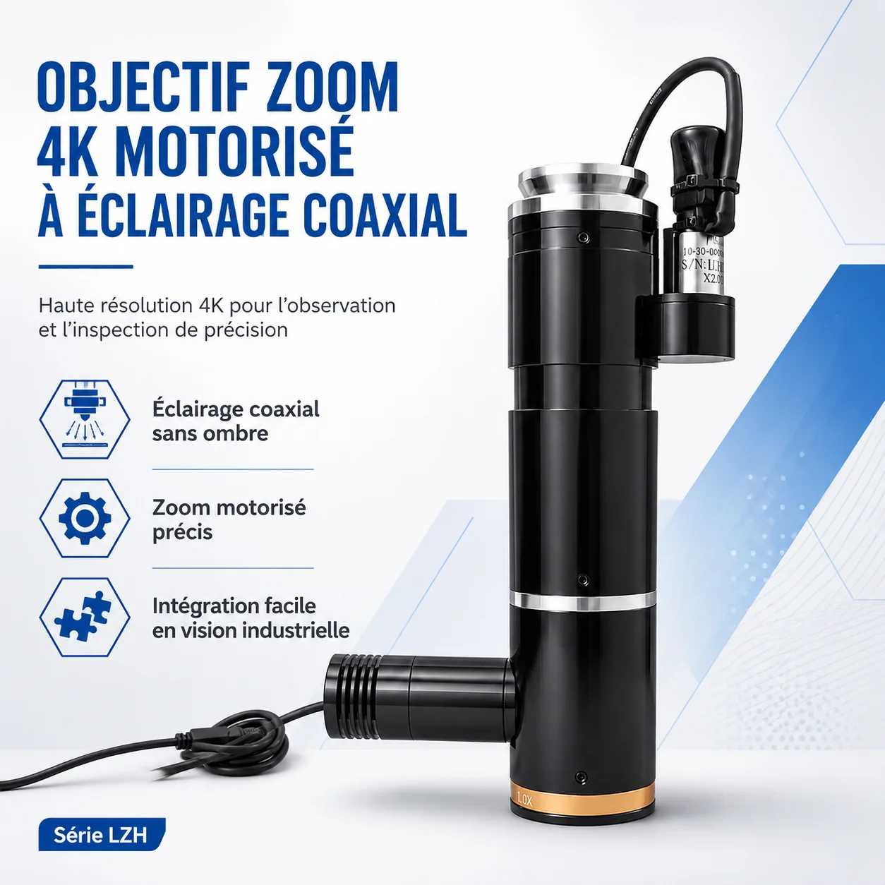 Objectif zoom 4K motorisé avec éclairage coaxial C-Mount