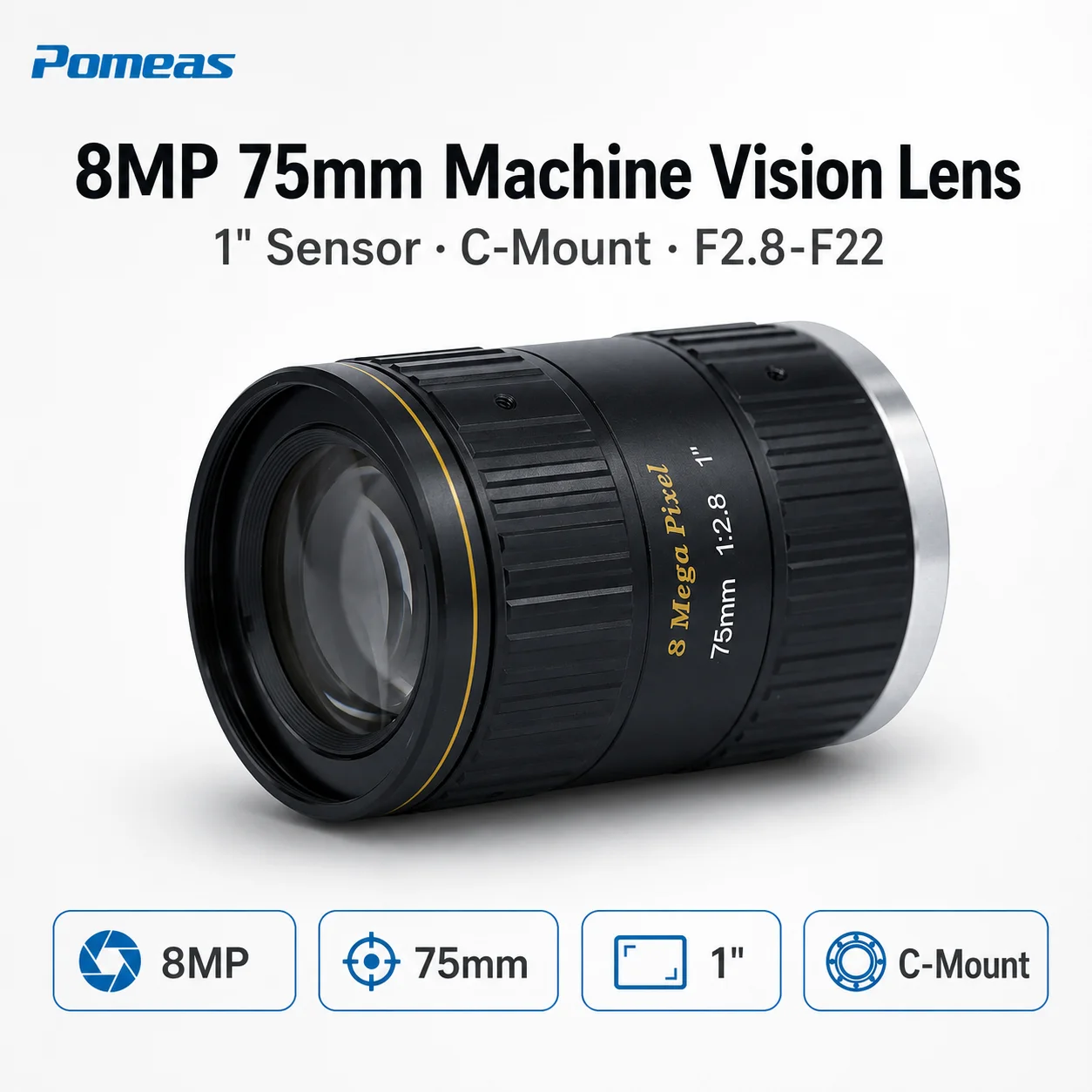 8MP 75mm C-Mount Machine Vision Lens for 1" Sensor