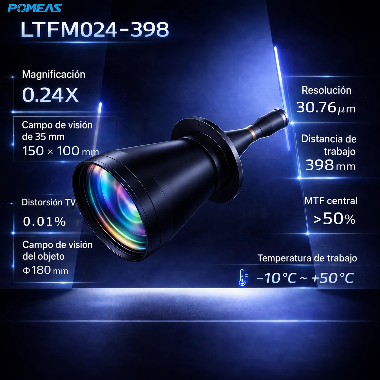 Lente telecéntrico 0,24X para medición de gran formato