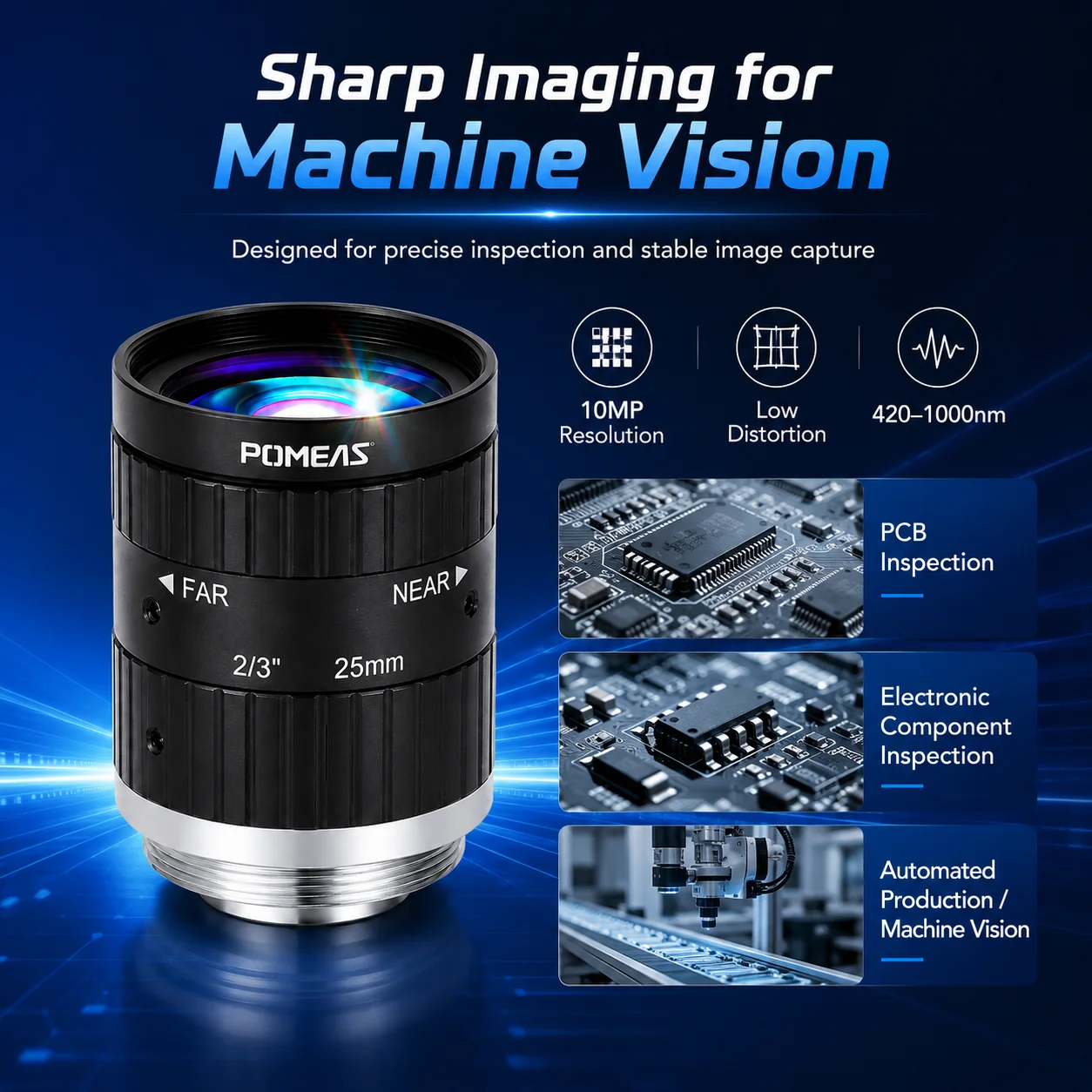 Pomeas 25mm C-Mount Machine Vision Lens for 2/3" 10MP Cameras