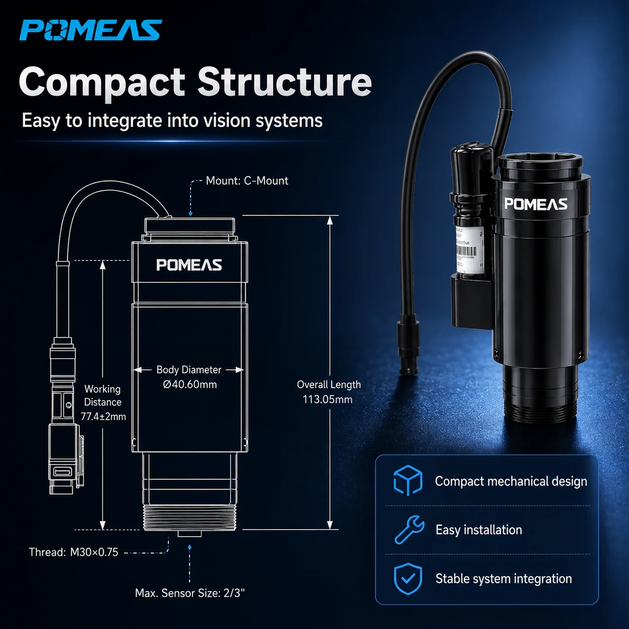 Pomeas Motorized 12.5X Zoom Lens for Automated Inspection