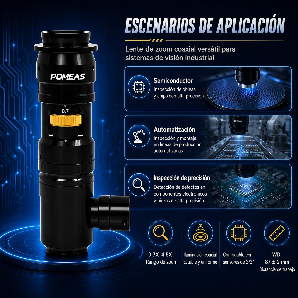Lente zoom industrial 6,5X con luz coaxial para visión artificial
