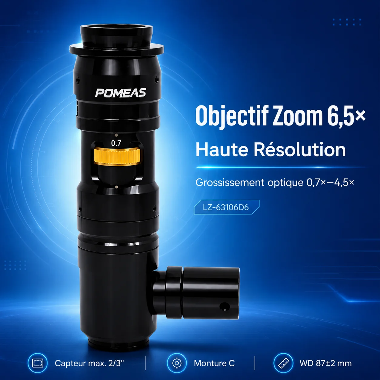 Objectif zoom industriel 6,5× coaxial monture C pour caméra 2/3″