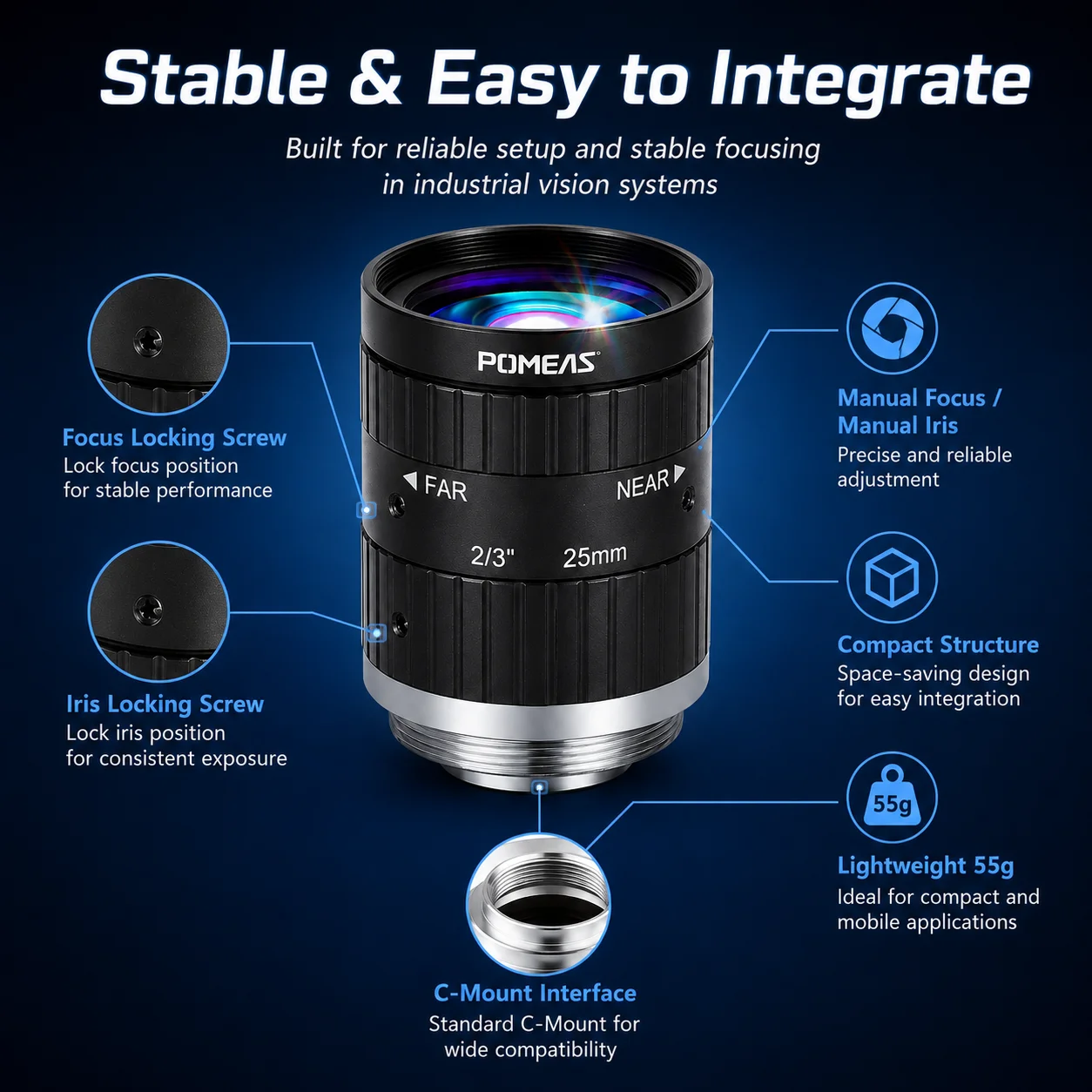 Pomeas 25mm C-Mount Machine Vision Lens for 2/3" 10MP Cameras