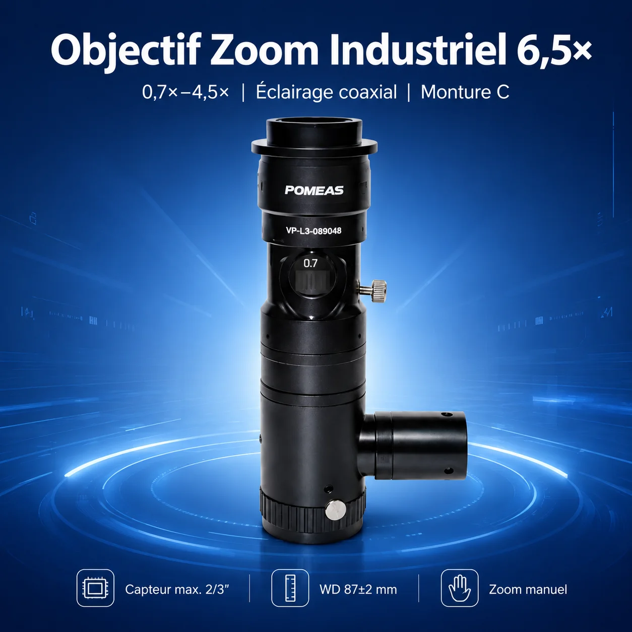 Objectif zoom 6,5× coaxial C-Mount avec mise au point fine 3 mm