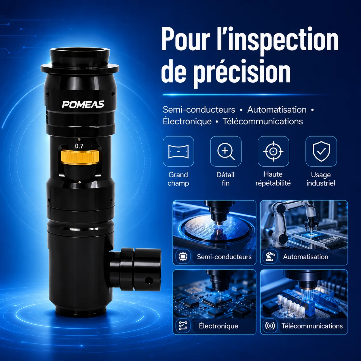 Objectif zoom industriel 6,5× coaxial monture C pour caméra 2/3″