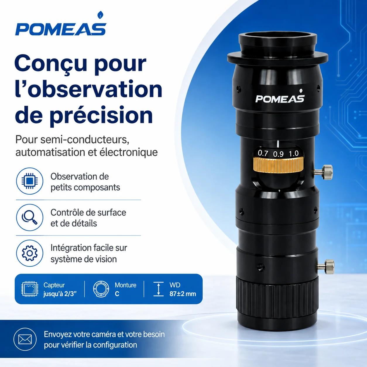 Objectif zoom industriel 6,5×, monture C, réglage fin 3 mm
