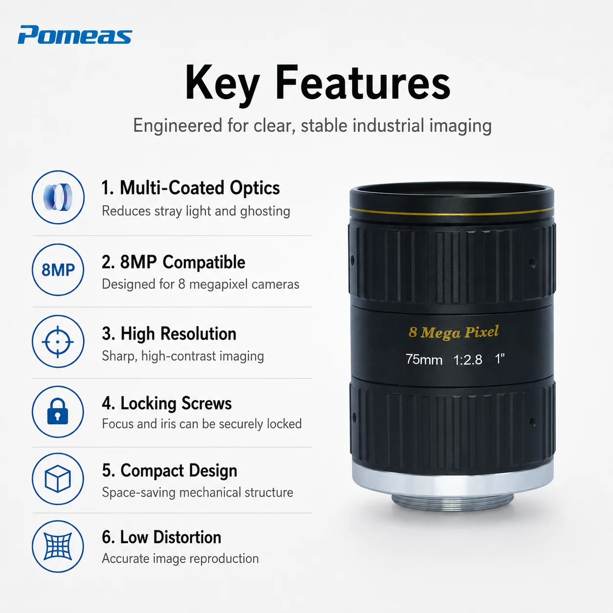 8MP 75mm C-Mount Machine Vision Lens for 1" Sensor