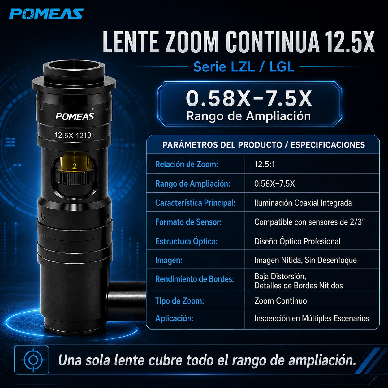 Lente zoom 12,5X con luz coaxial para inspección de precisión