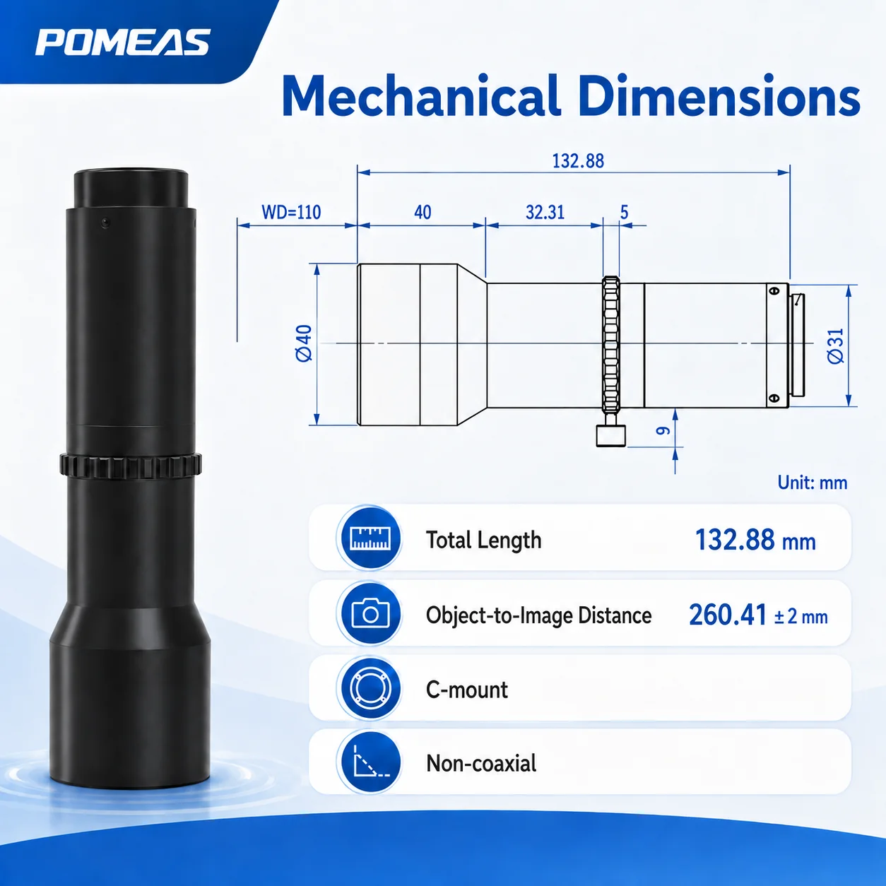 1.0X 1.1 Inch Bi-Telecentric Lens 110mm WD for Machine Vision