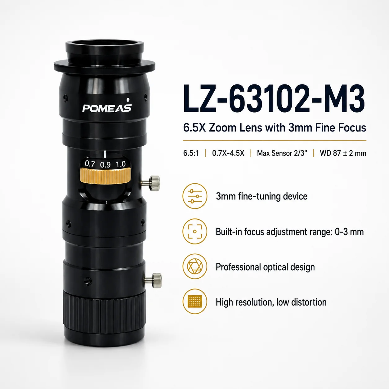 6.5X Zoom Lens with 3mm Fine Focus | 0.7X–4.5X, 2/3", WD 87mm