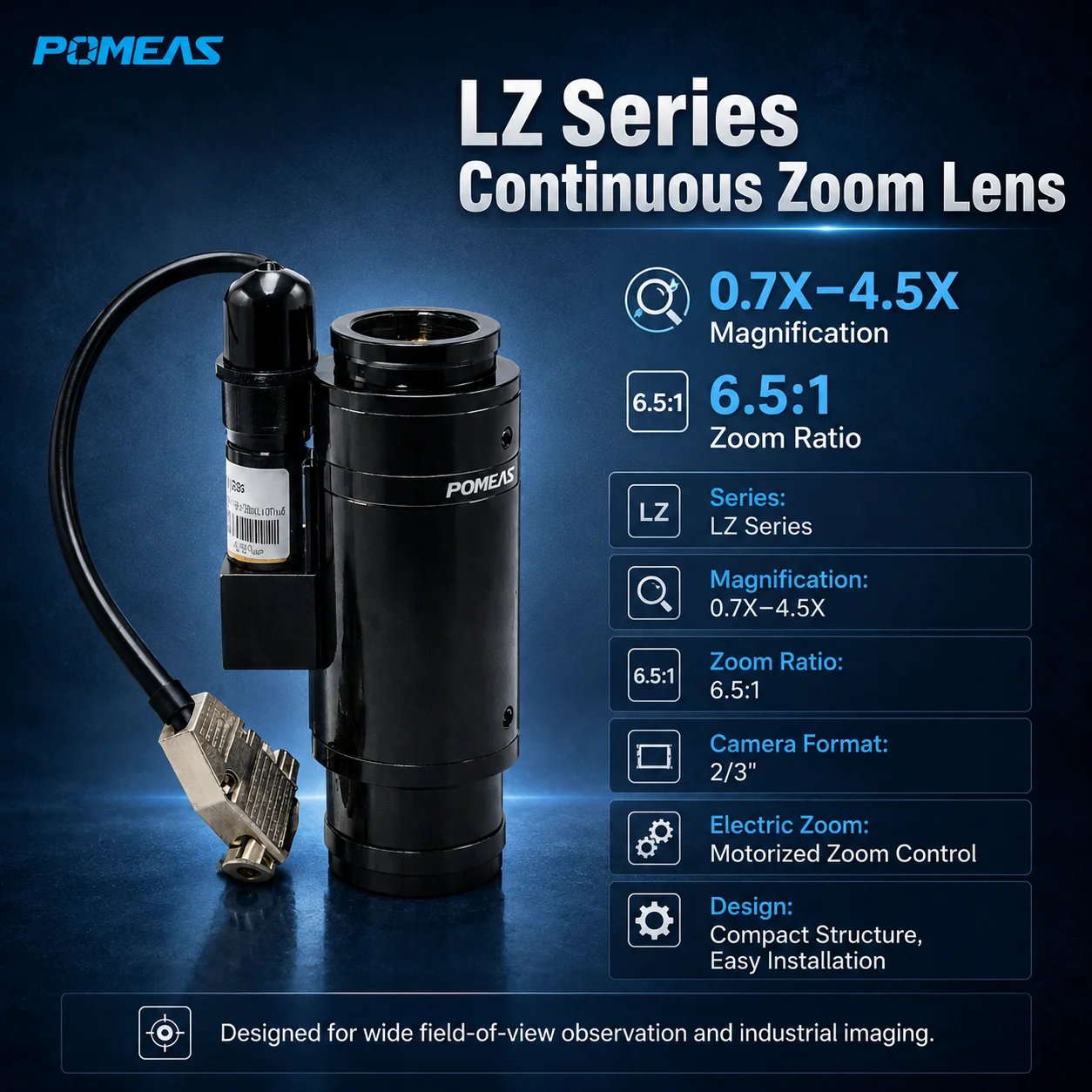 عدسة زوم محرّكة متصلة POMEAS LZ-650104 بثلاثية 6.5X وتركيب C وتحكم RS-232