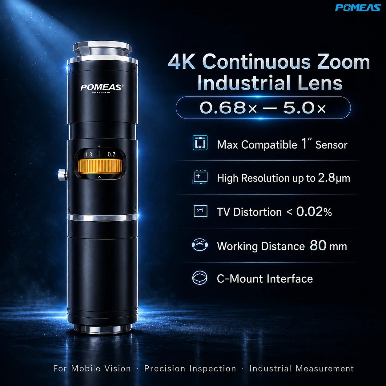 POMEAS 4K Continuous Zoom Lens for Machine Vision Inspection