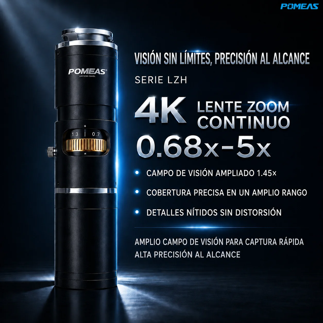 Lente zoom industrial 6,5X con luz coaxial y ajuste fino de 3 mm