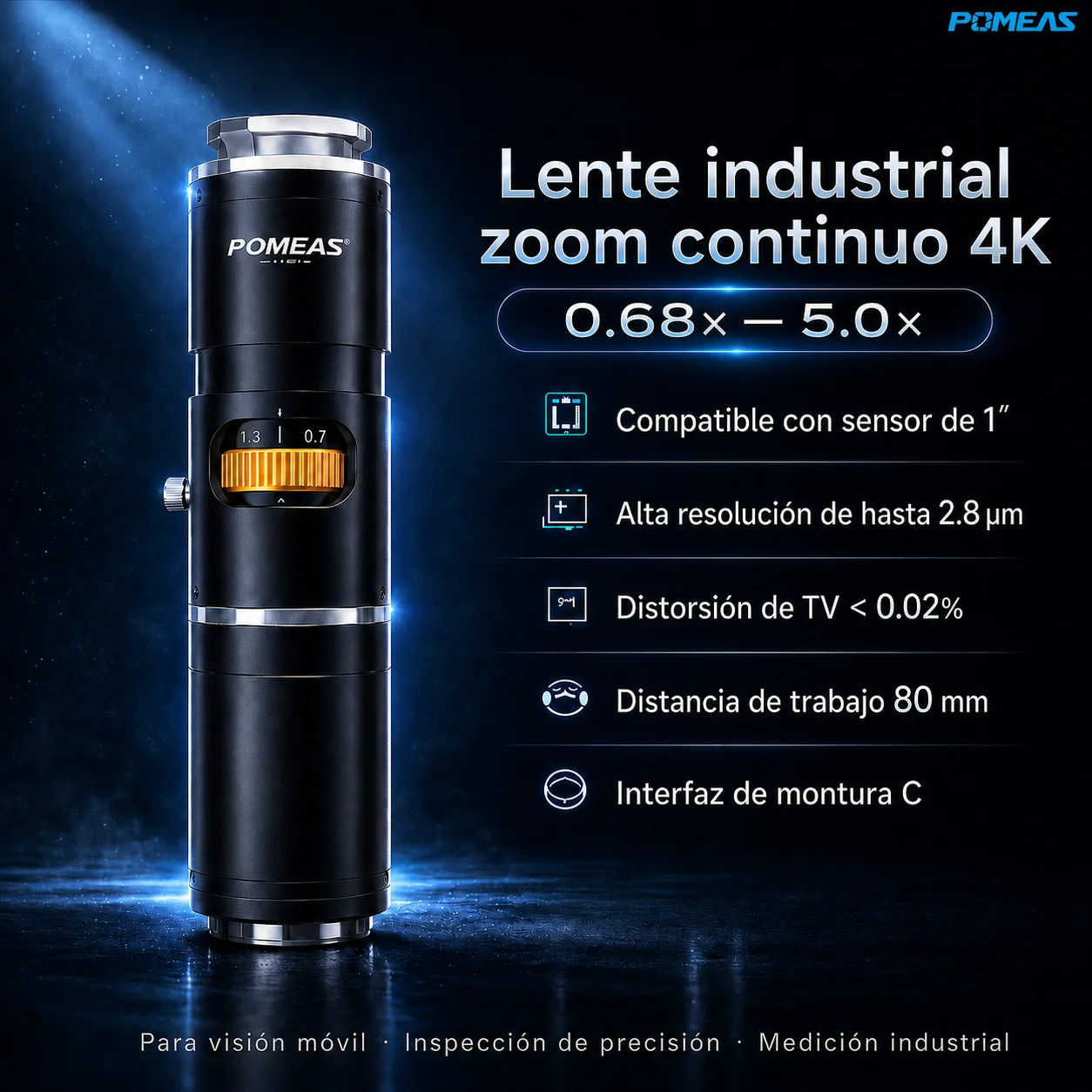 Lente zoom industrial 6,5X con luz coaxial y ajuste fino de 3 mm