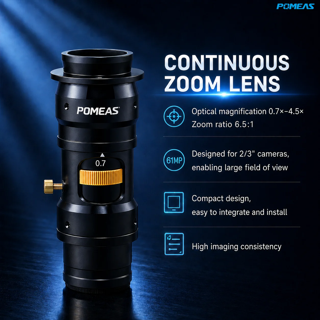 Pomeas 0.7X–4.5X Continuous Zoom Lens for Industrial Inspection