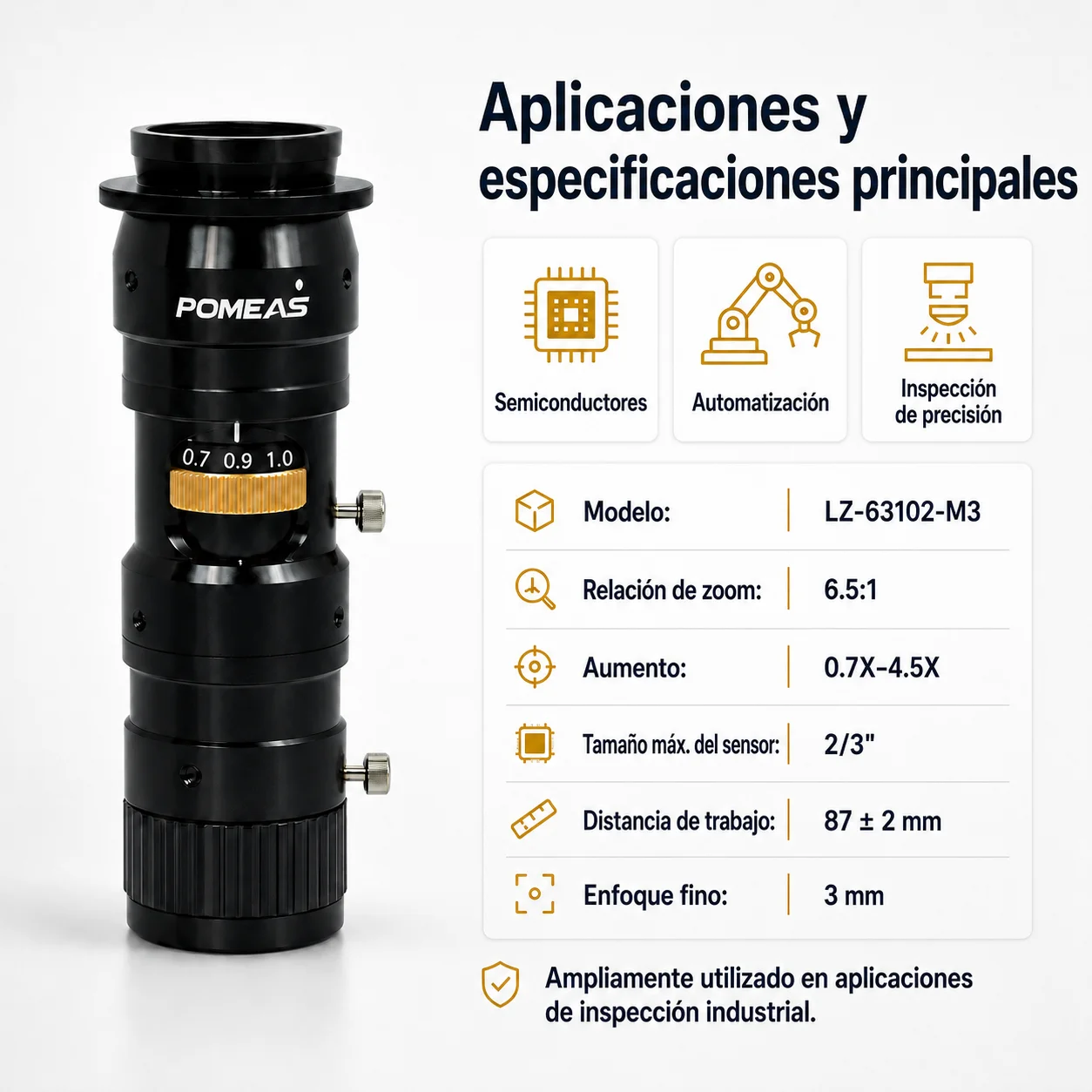 Lente zoom industrial 0,7×–4,5× con ajuste fino de 3 mm