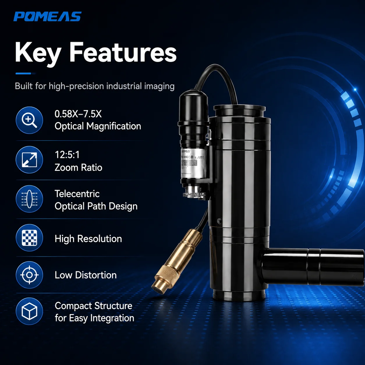 Pomeas 12.5X Motorized Coaxial Zoom Lens for Machine Vision