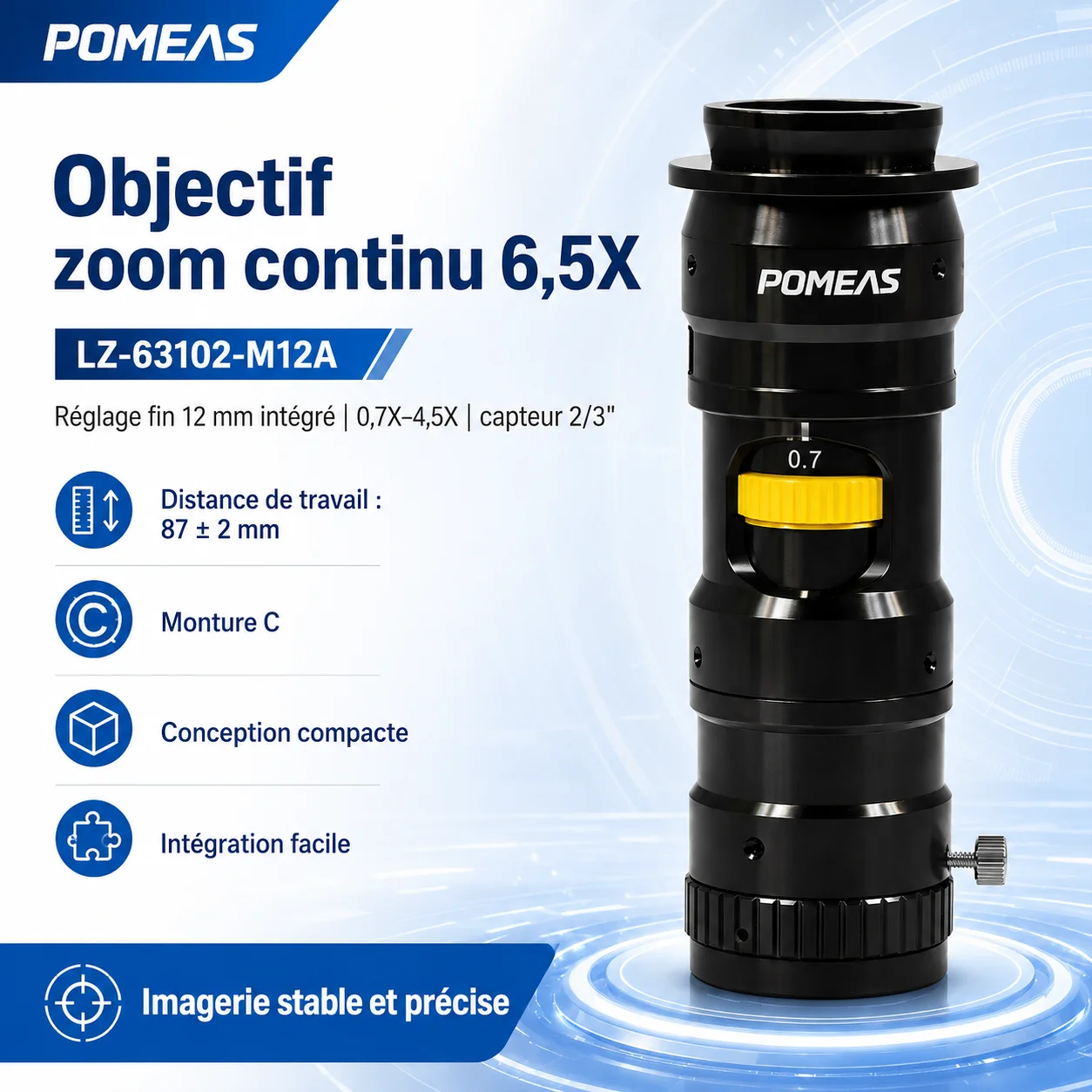 Objectif à grossissement variable 6,5× avec réglage fin 12 mm