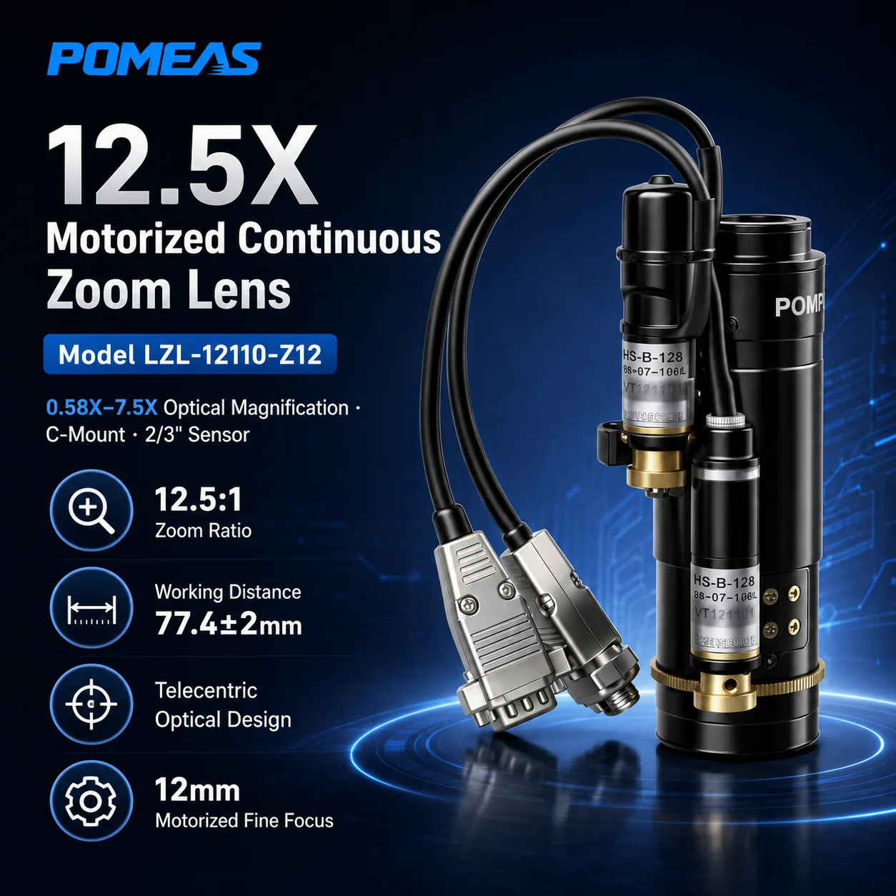 Pomeas PMS-LZL-12110-Z12 Dual Motor 12.5X C-Mount Zoom Lens