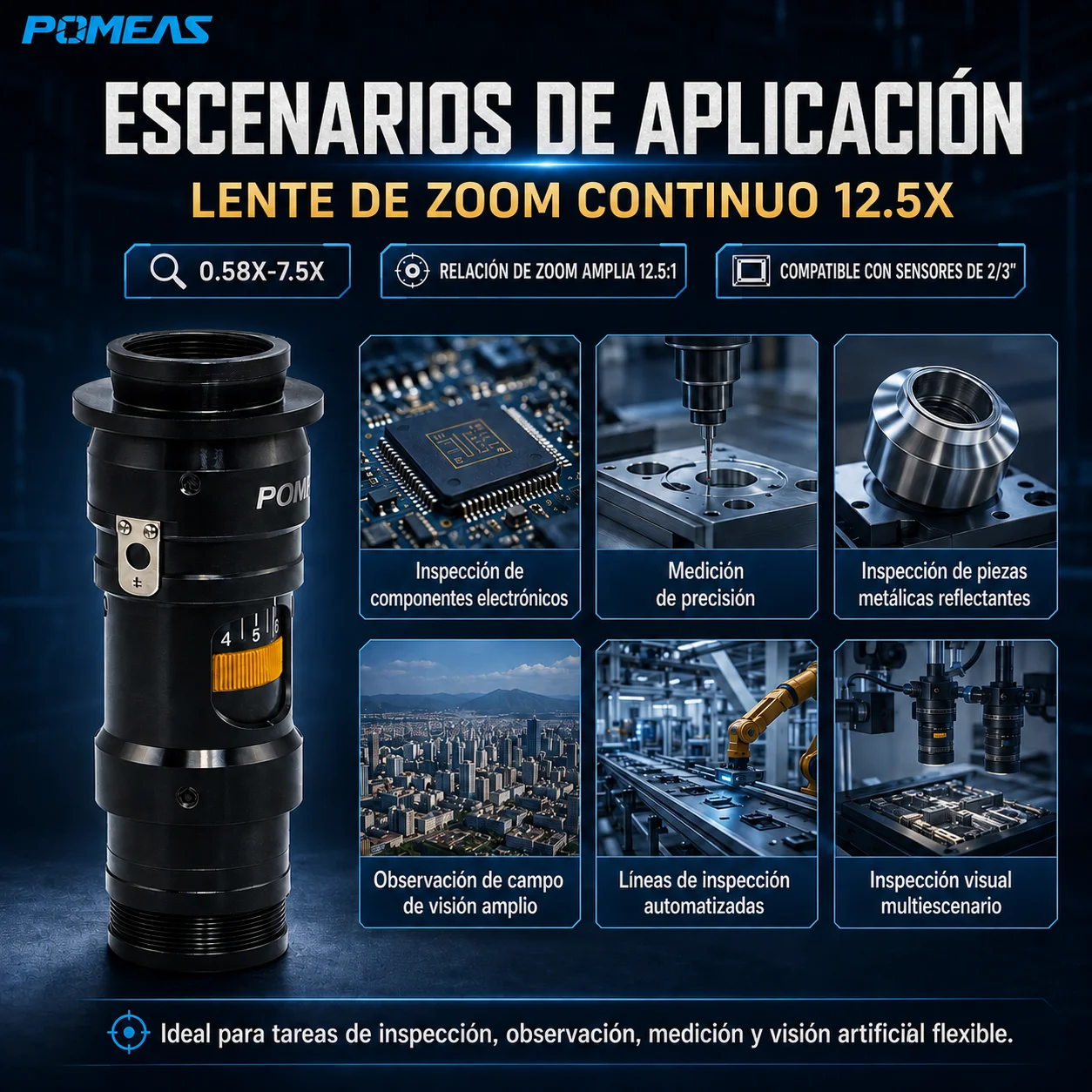 Lente zoom industrial 0,58×–7,5× con 15 posiciones mecánicas