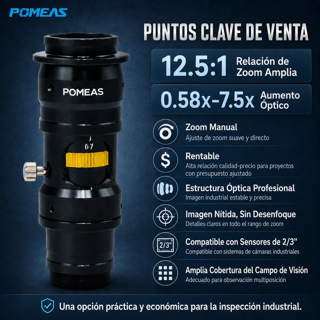 Lente zoom industrial telecéntrico 12,5X de 0,58× a 7,5×