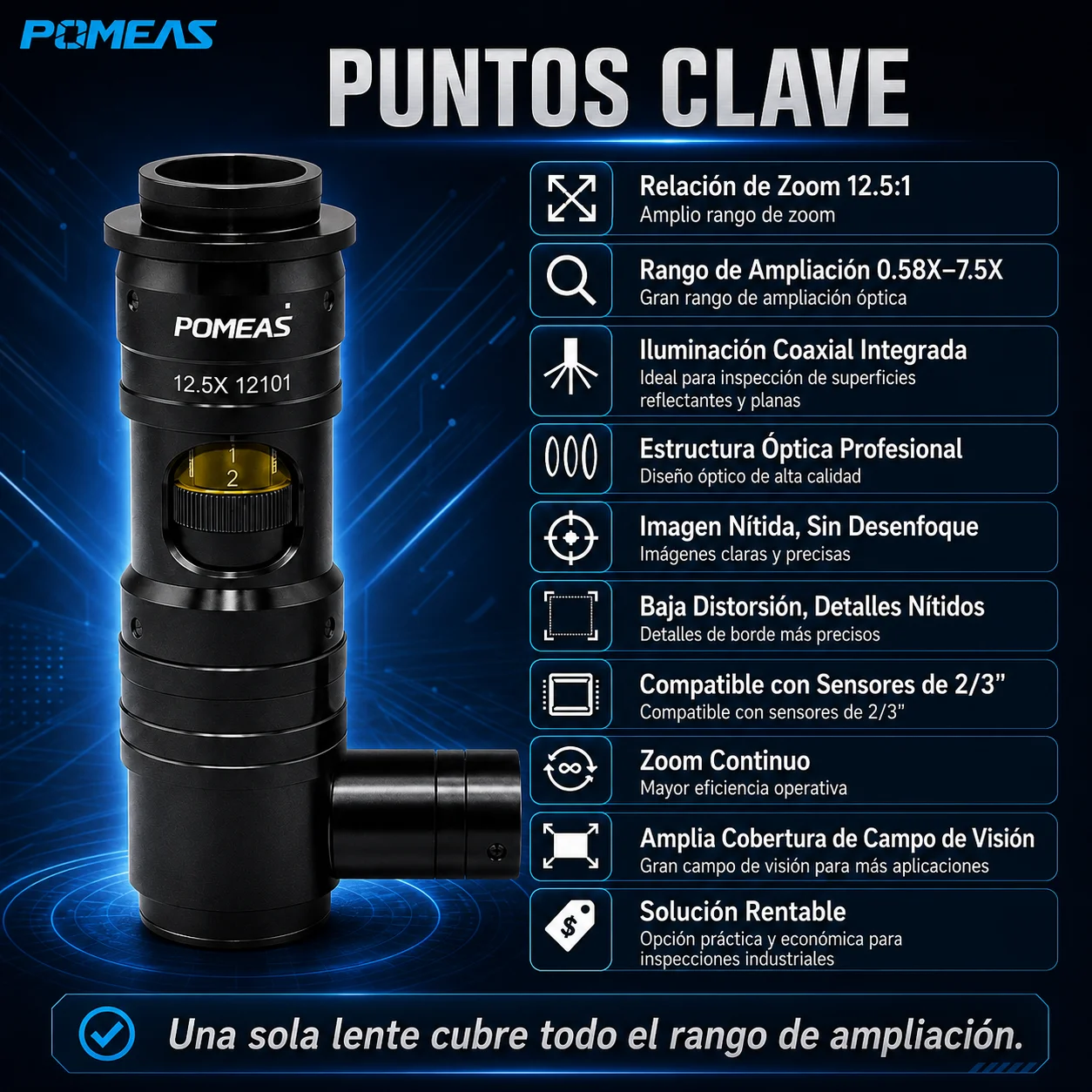 Lente zoom 12,5X con luz coaxial para inspección de precisión