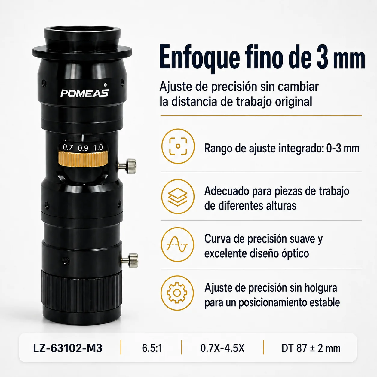 Lente zoom industrial 0,7×–4,5× con ajuste fino de 3 mm