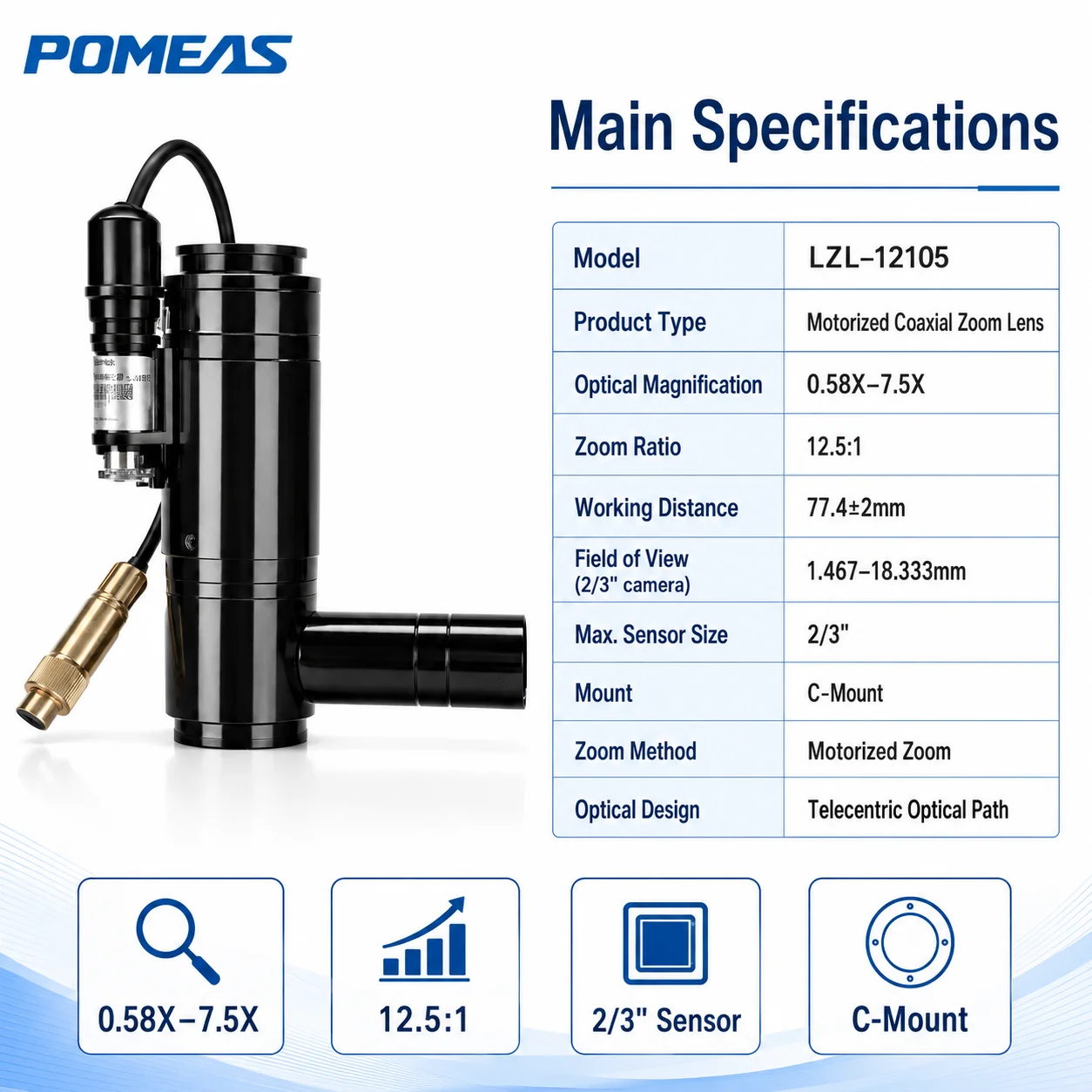 Pomeas 12.5X Motorized Coaxial Zoom Lens for Machine Vision