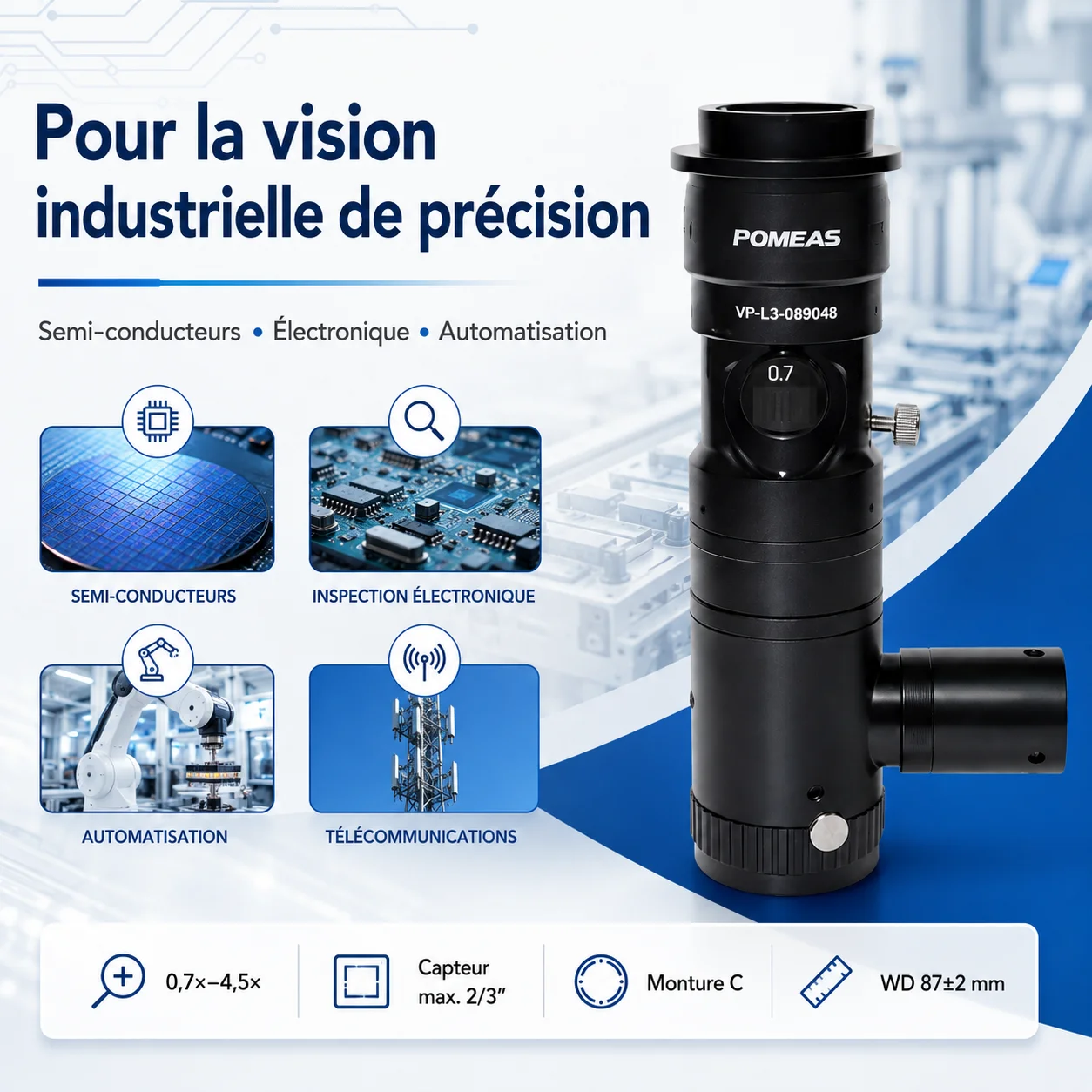 Objectif zoom 6,5× coaxial C-Mount avec mise au point fine 3 mm