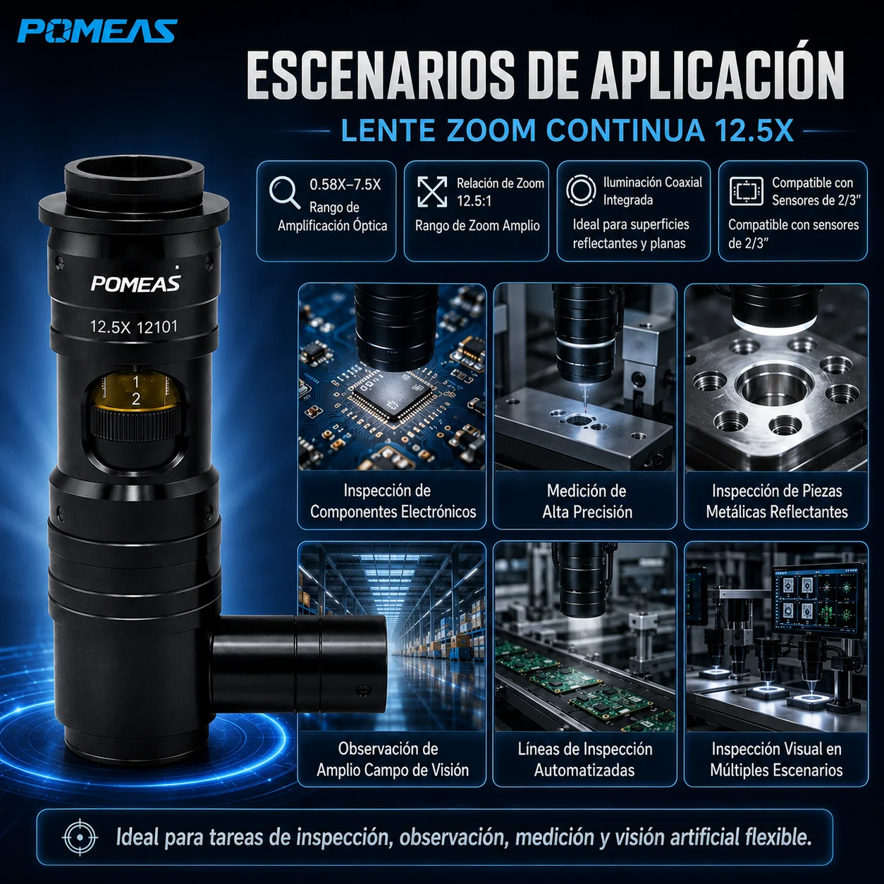 Lente zoom 12,5X con luz coaxial para inspección de precisión