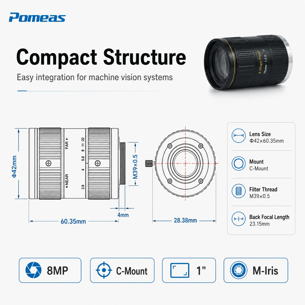 8MP 75mm C-Mount Machine Vision Lens for 1" Sensor