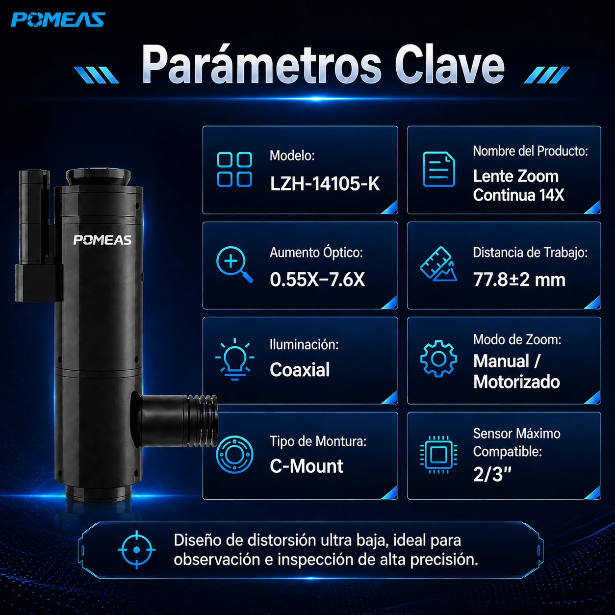 Lente zoom coaxial 14X para inspección de alta precisión