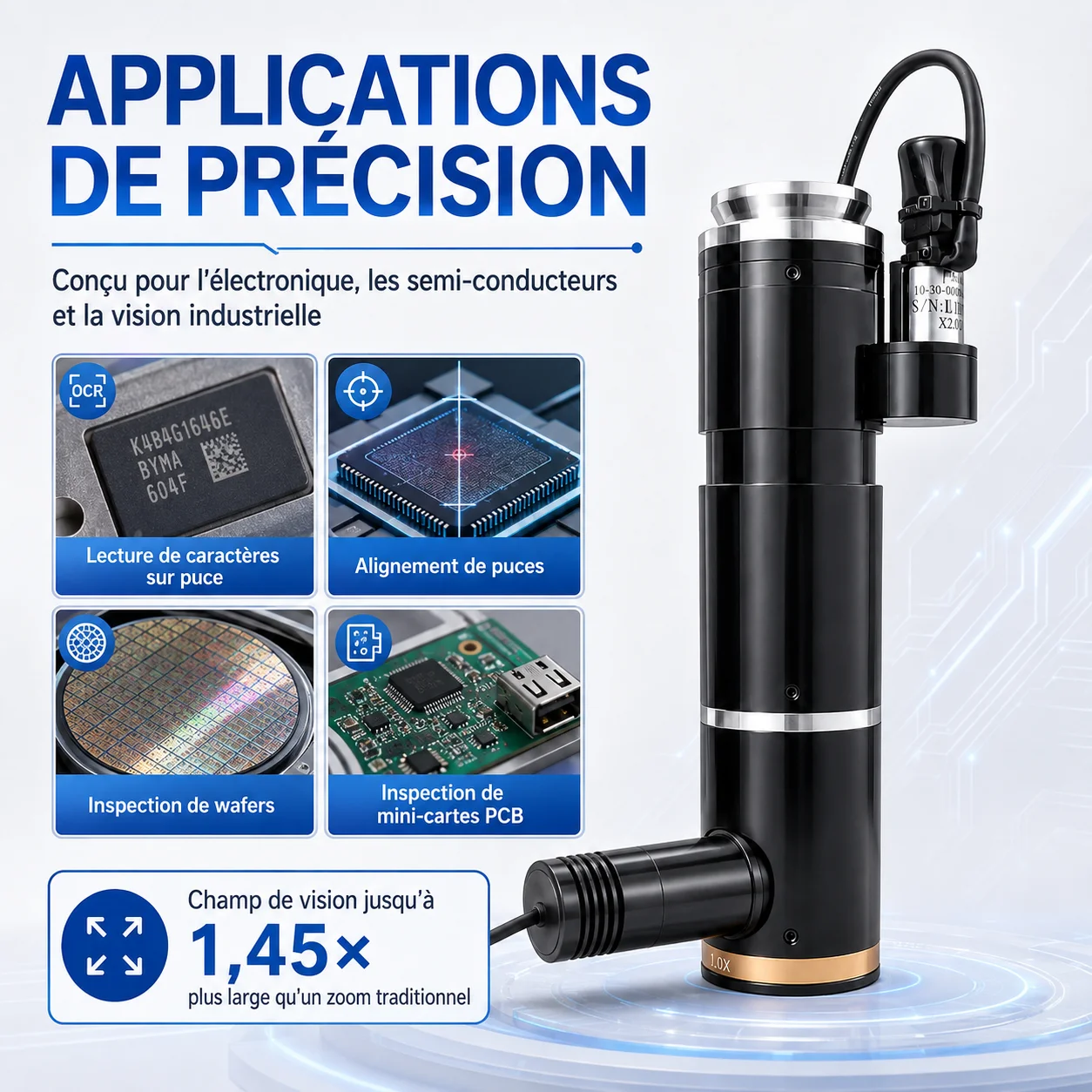 Objectif zoom 4K motorisé avec éclairage coaxial C-Mount