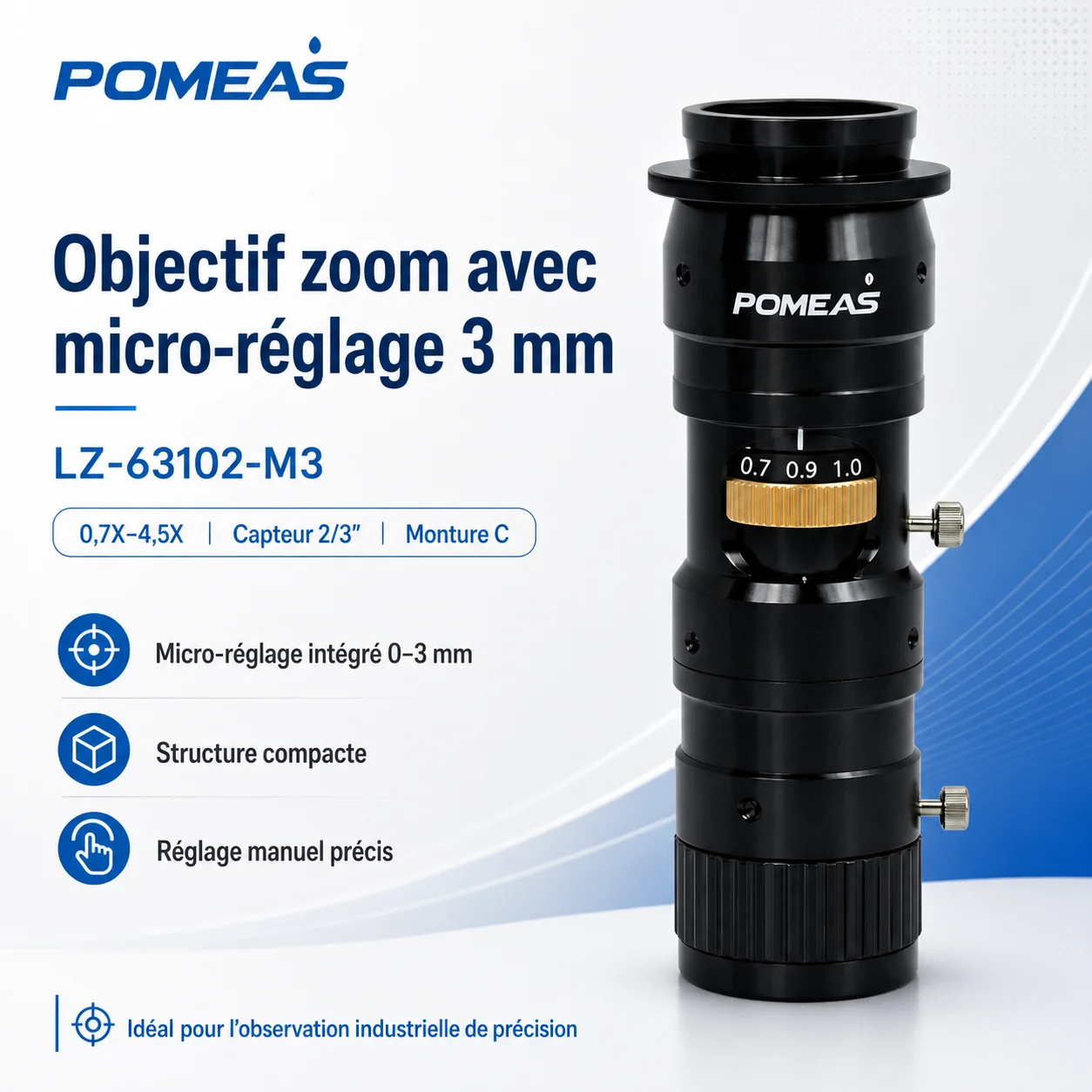 Objectif zoom industriel 6,5×, monture C, réglage fin 3 mm