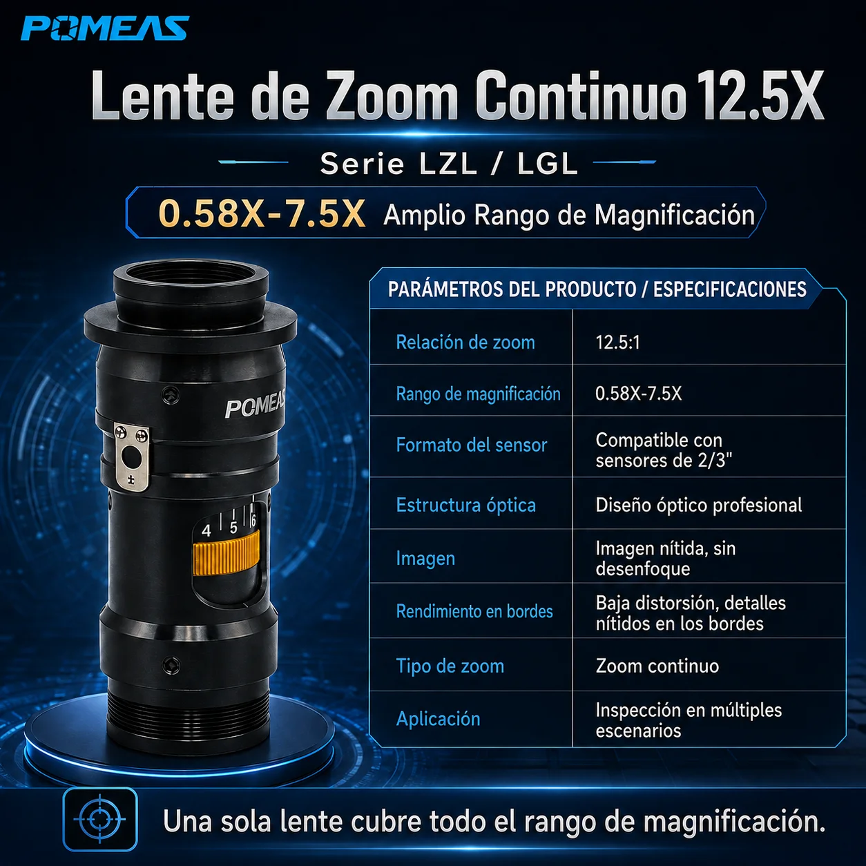 Lente zoom industrial 0,58×–7,5× con 15 posiciones mecánicas