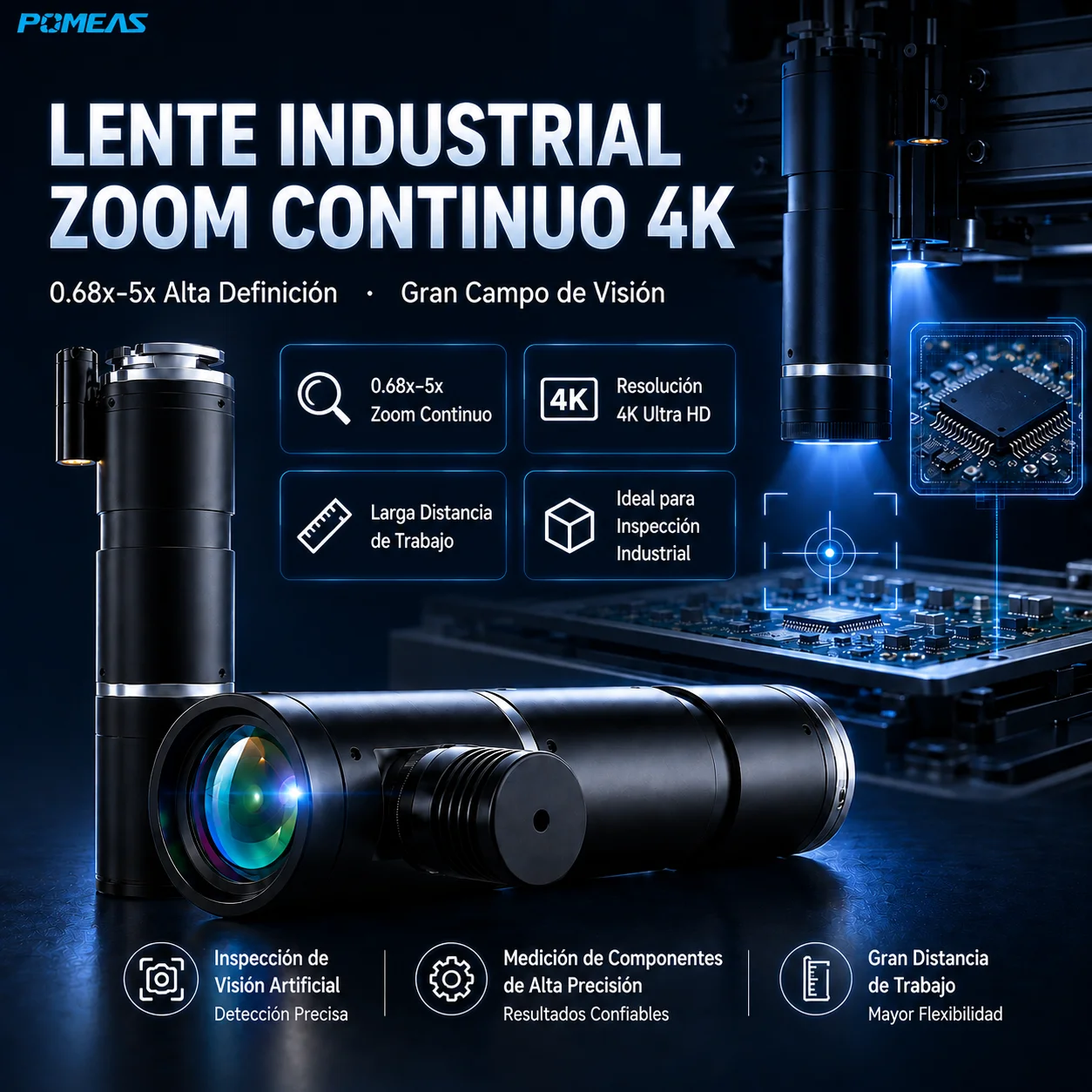 Lente zoom industrial 4K motorizado con iluminación coaxial